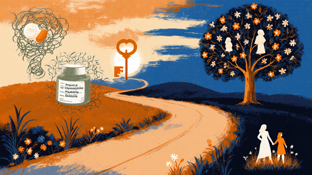 A fertility journey road leading from tangled vines to blooming trees, symbolizing hope and successful ovulation.