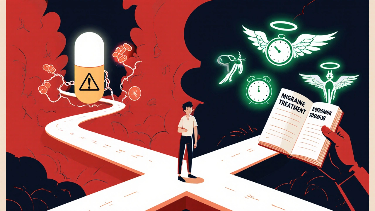 A patient at a crossroads between triptans and newer migraine treatments, illustrated in symbolic Polish poster style.