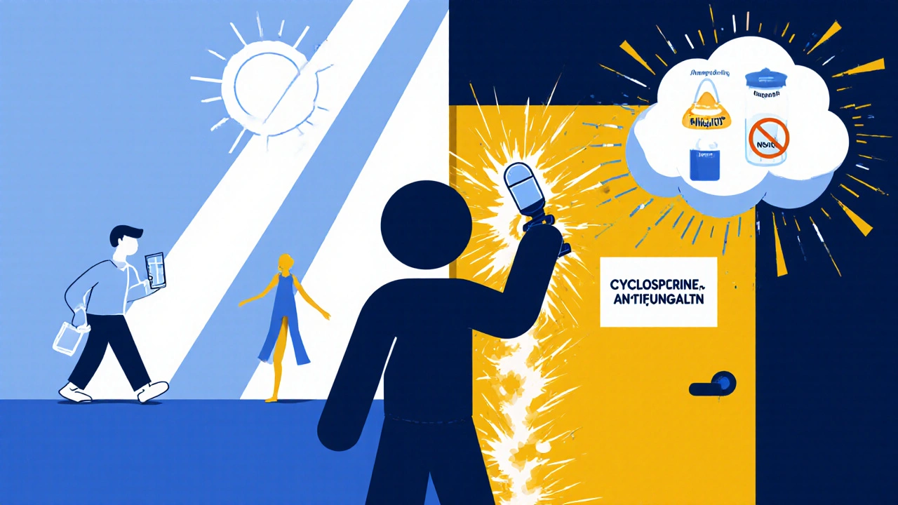 A person making healthy choices on one side, dangerous drug interactions exploding on the other, with atorvastatin as a key.