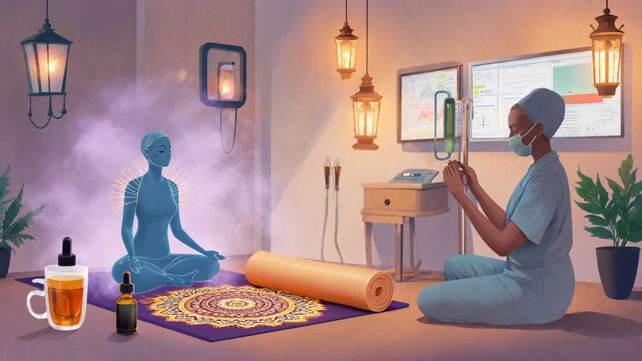 Acupuncturist treating a patient receiving immunotherapy while yoga and supplement items are visible in clinic.