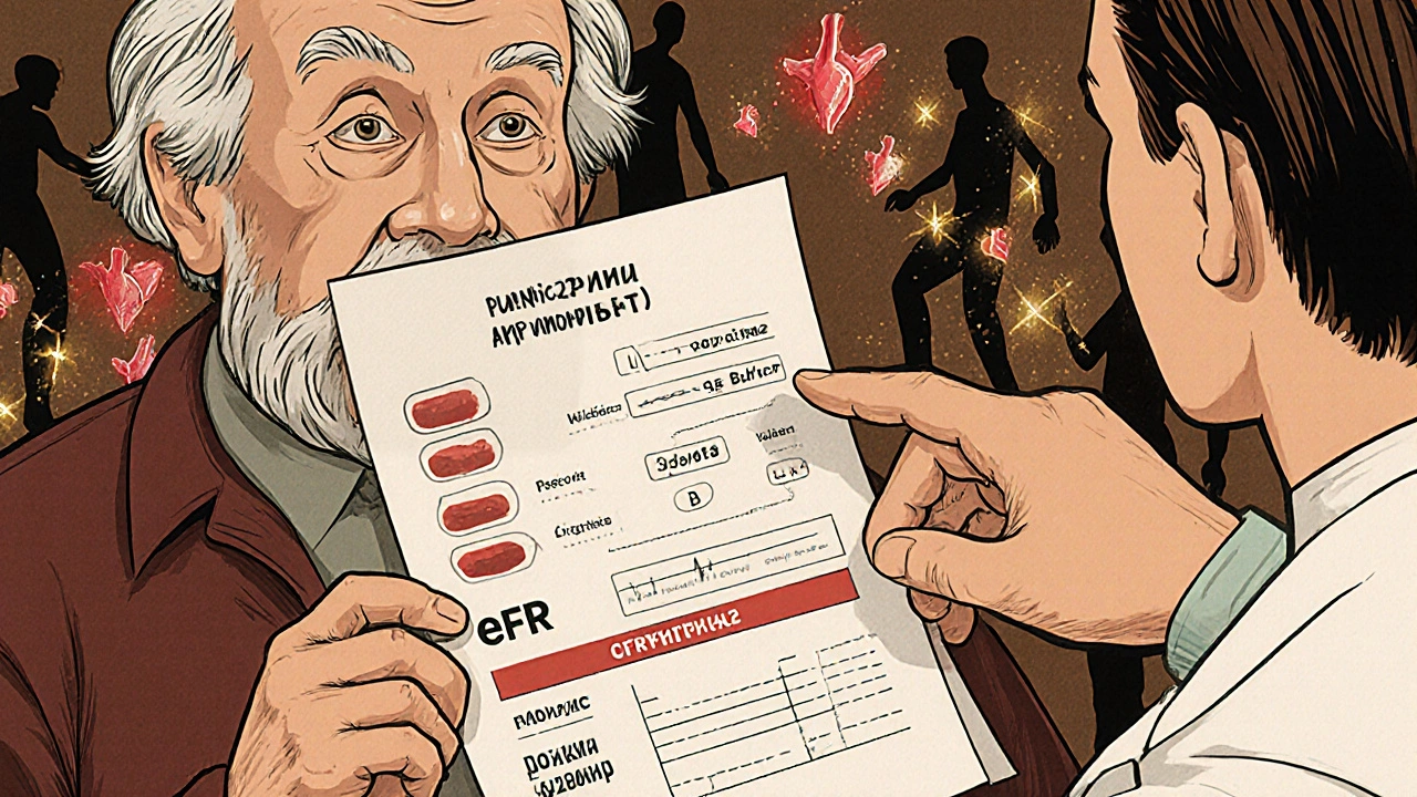 An elderly patient and doctor reviewing kidney test results, with muscle damage symbols fading away.