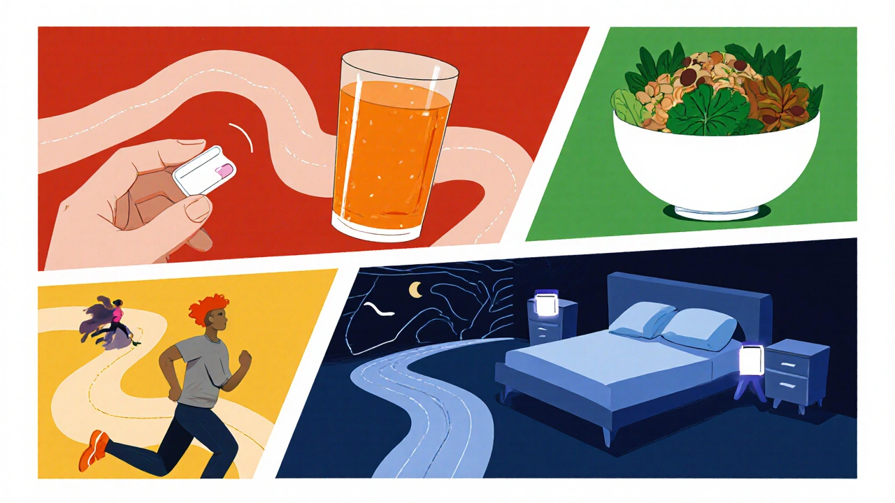 Cartoon collage of supplement, orange juice, greens, exercise, and sleep in poster style.