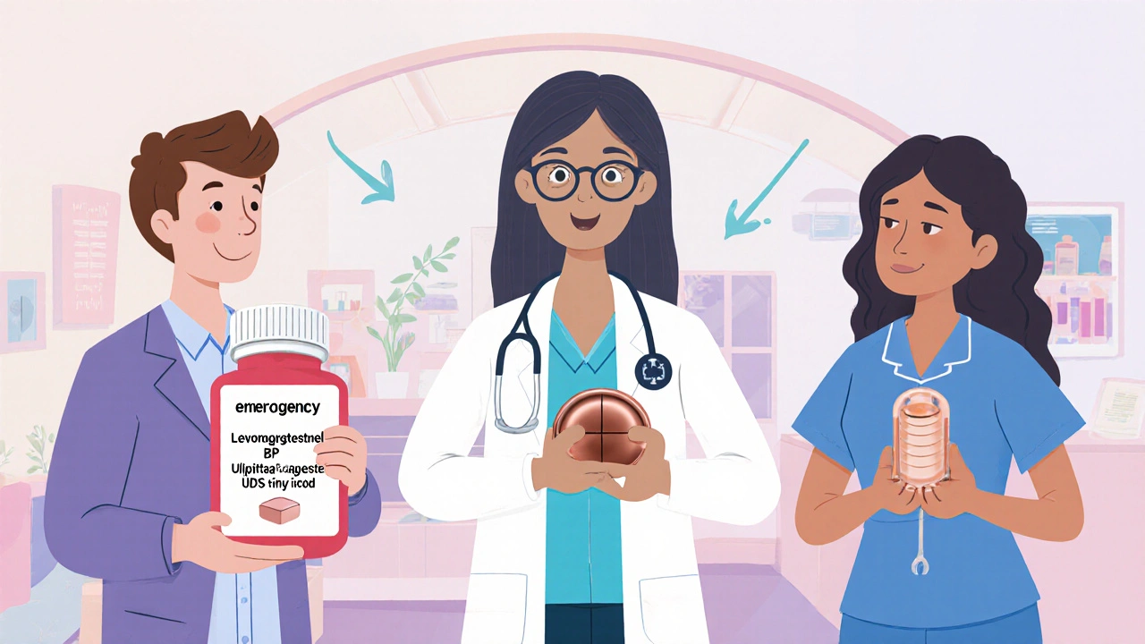 Cartoon comparison of Levonorgestrel pill, Ulipristal tablet, and copper IUD.