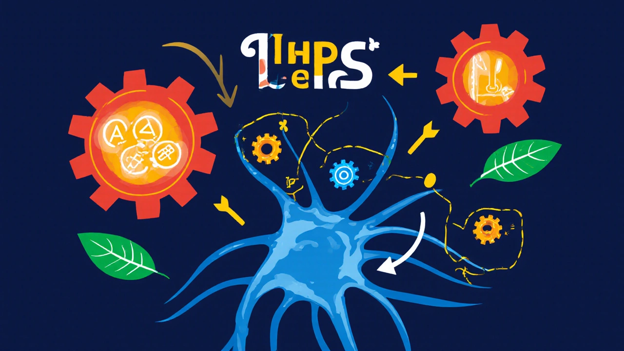 Cartoon neuron glowing with ATP and dopamine, powered by iron gears and folic‑acid leaves.