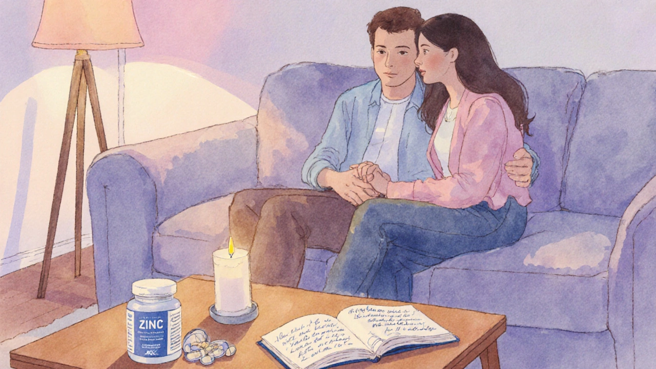 Couple holding hands on a sofa, discussing, with supplement bottle nearby.