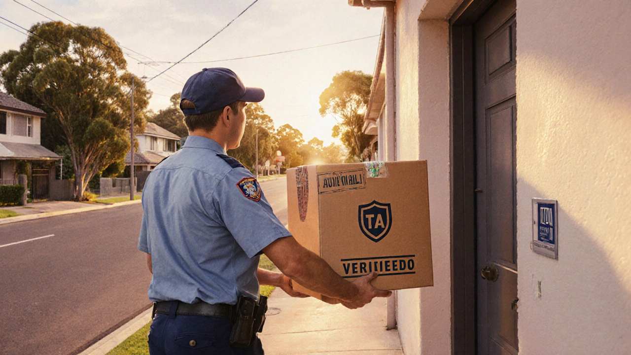 Courier delivering a sealed box with a verification seal to an Australian home at sunset.