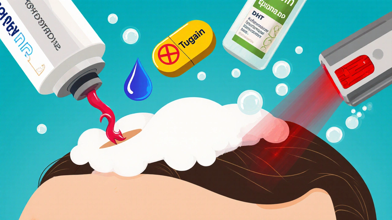 Cutaway scalp showing minoxidil droplet, finasteride pill, shampoo bubbles, and laser light on follicles.