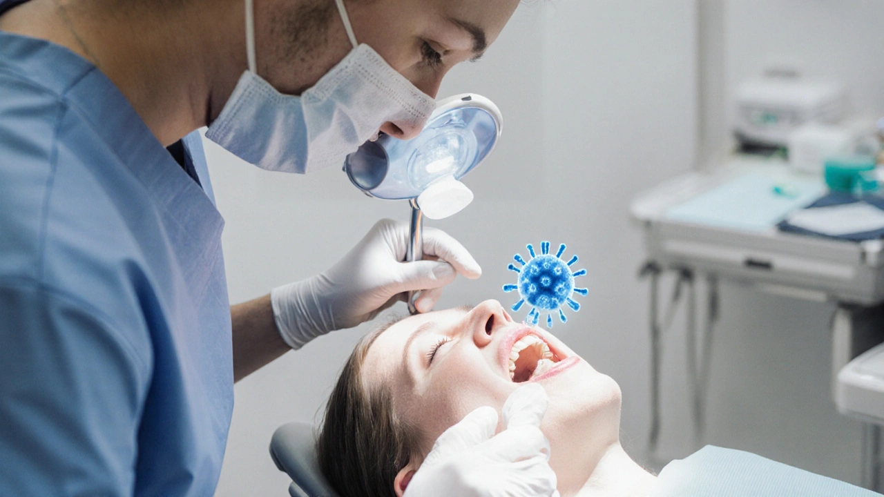 Dentist examines a patient&#039;s mouth with a mirror and light in a clinic.