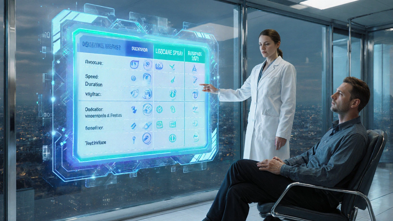 Doctor showing holographic chart comparing premature ejaculation treatments in a modern clinic.