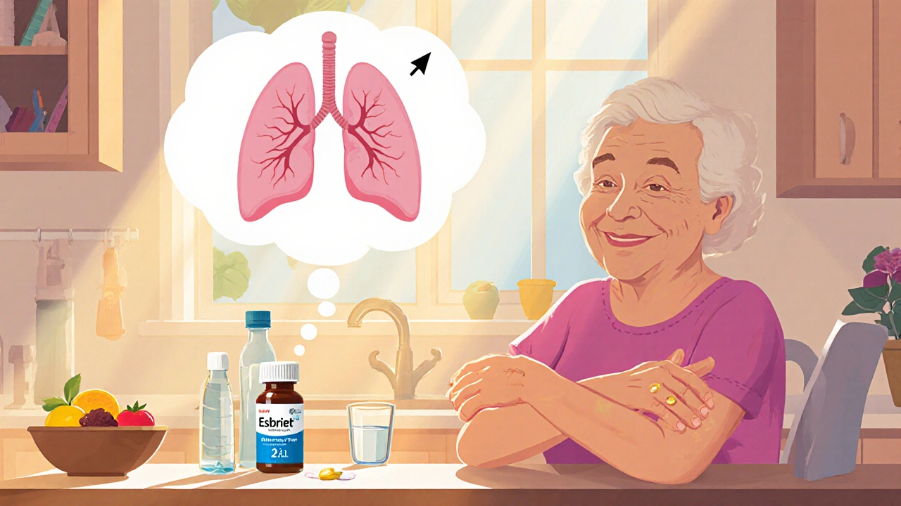Elderly patient applies sunscreen and prepares Esbriet pills at a sunny kitchen counter.