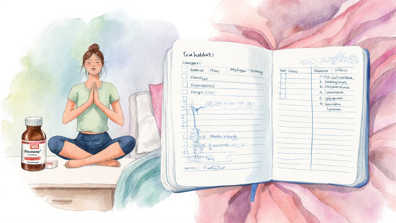 Figure practicing yoga breathing beside medication bottle and exercise log, symbolizing recovery.