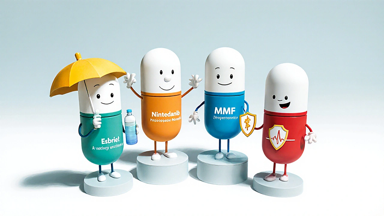 Four cartoon pill characters personify different IPF drugs with visual cues.