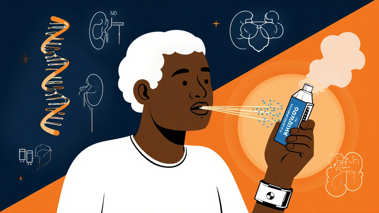Futuristic poster showing a patient wearing a BP monitor, DNA helix, and an Amiloride inhaler delivering medication.