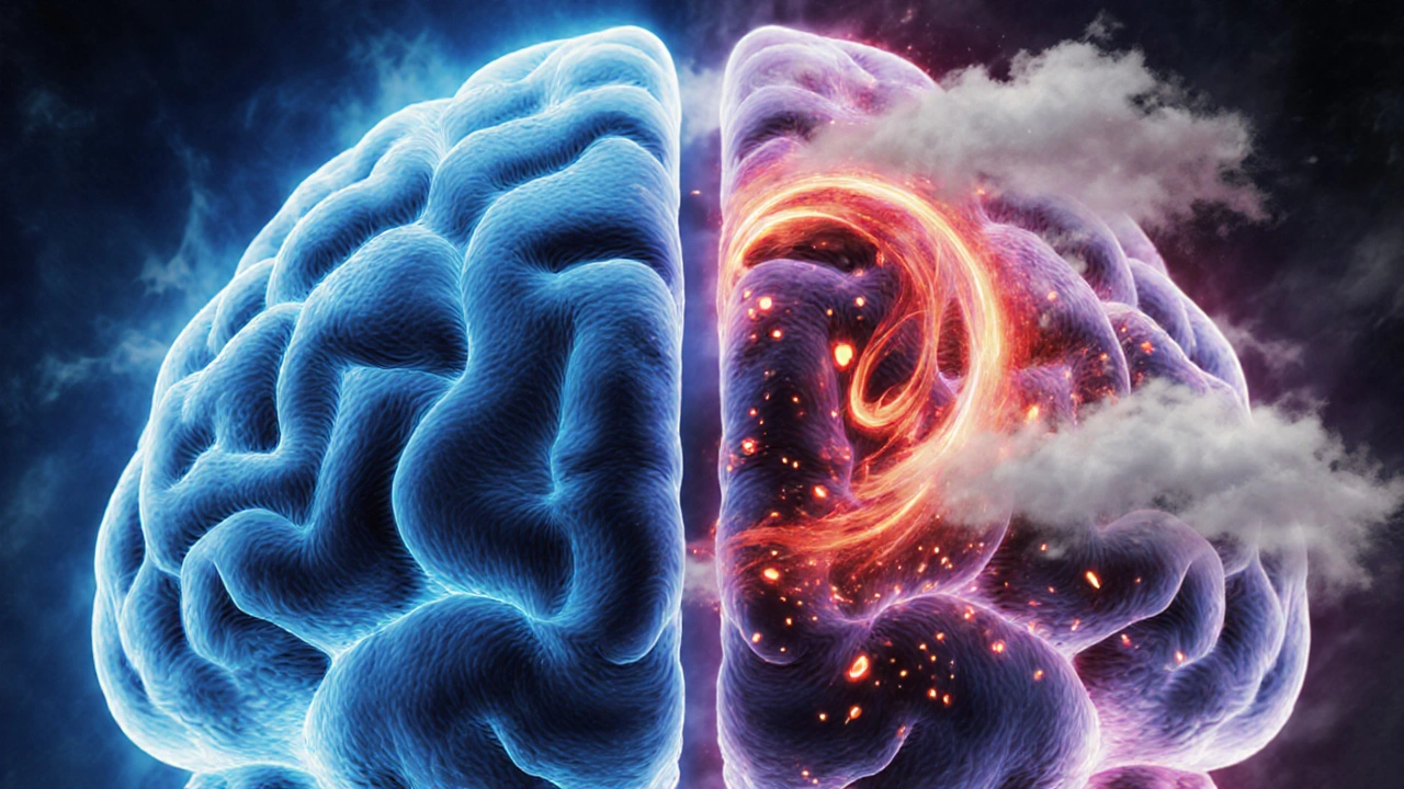Half brain showing bright side versus stormy side with cortisol and inflammation symbols.