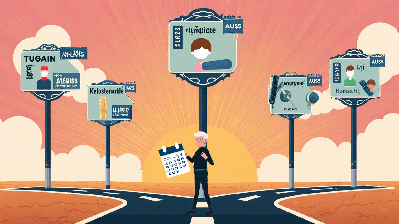 Individual at a crossroads with icons for five hair‑loss treatments and price tags in a poster illustration.
