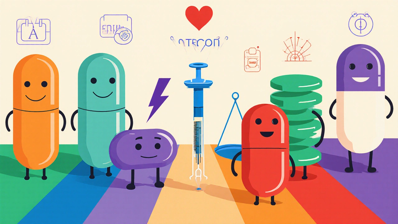 Lineup of six diabetes drugs as cartoon characters on colored panels with icons for their effects.