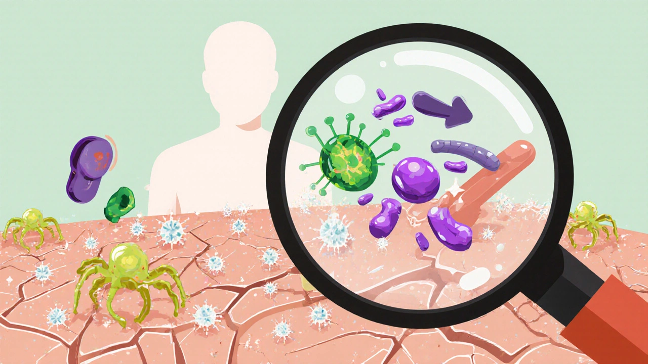 Magnified view of cracked skin, sugar crystals, Candida and bacteria causing itch.