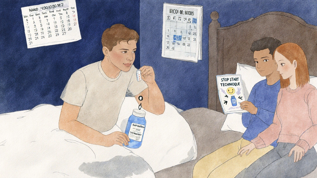 Man taking nightly sertraline beside a calendar and partner holding a stop‑start guide.