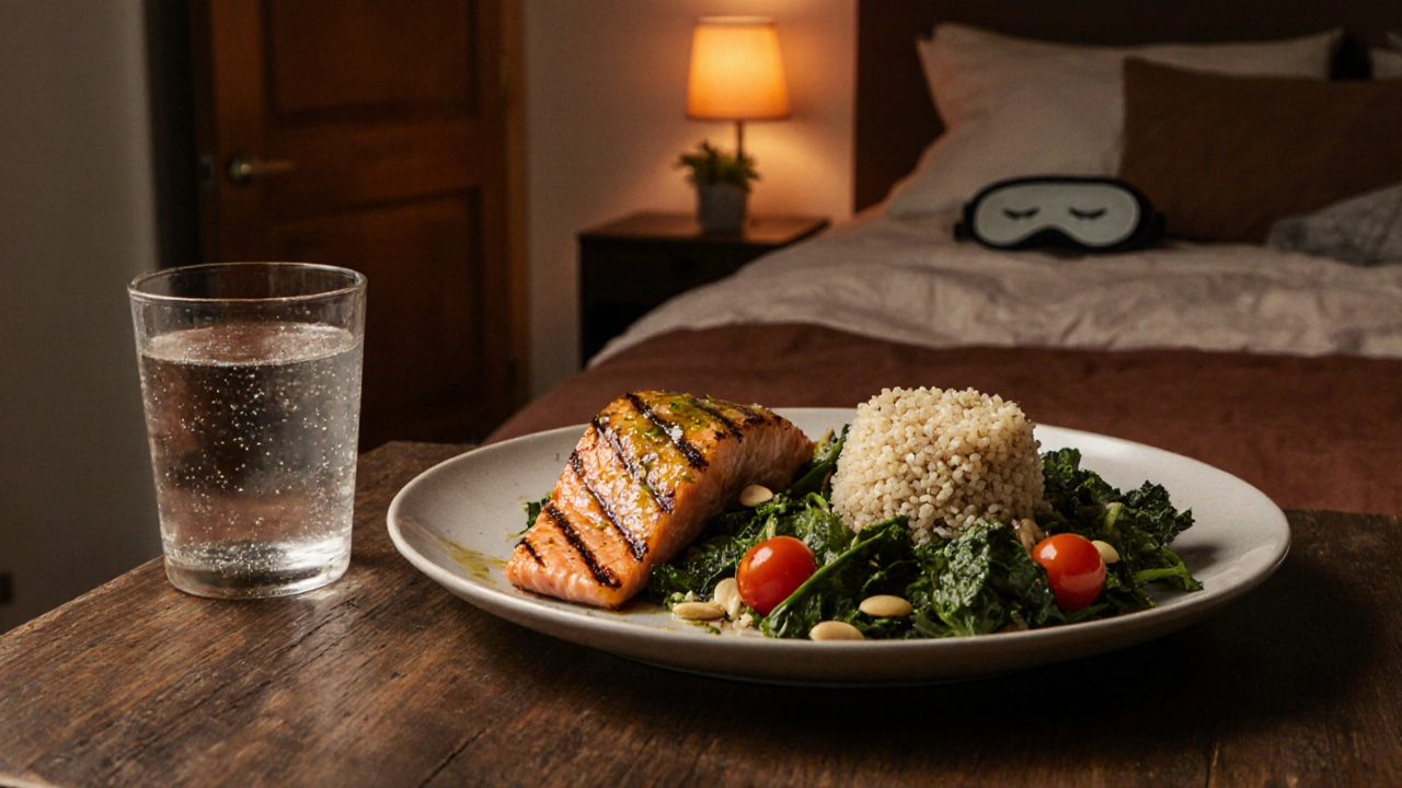 Mediterranean salmon and quinoa meal beside a cozy bedroom scene.