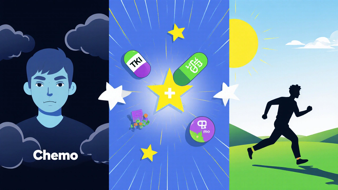Patient silhouette moving from dark chemo clouds to bright landscape with icons of targeted drugs.