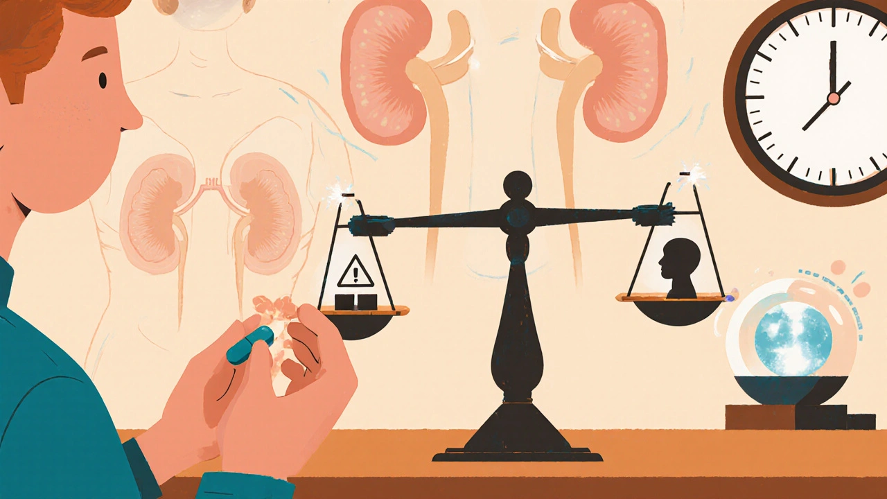 Patient weighing Losartan pill against pregnancy and potassium symbols in stylized poster.