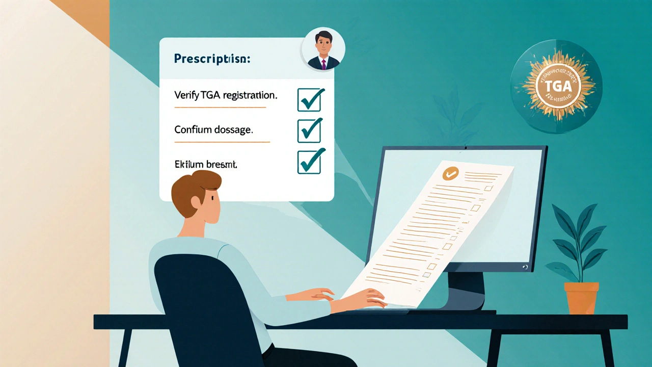 Person uploading a prescription on a laptop with a pharmacist chat and checklist icons in an office.