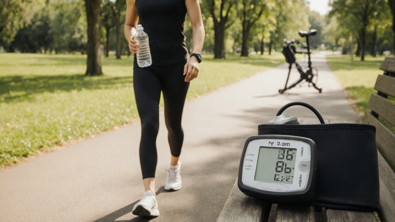 Person walking in a park while monitoring blood pressure with a wearable cuff device.