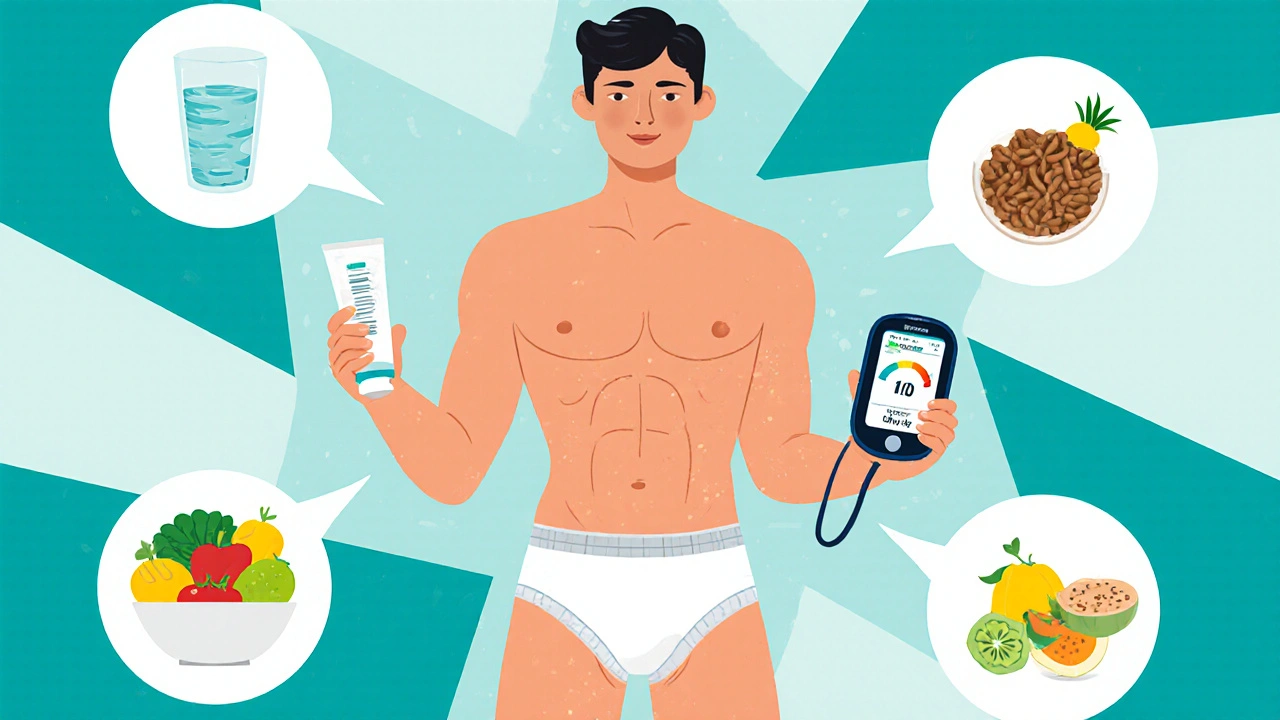 Poster showing a person with cotton underwear, barrier cream, glucose monitor and healthy foods for prevention.