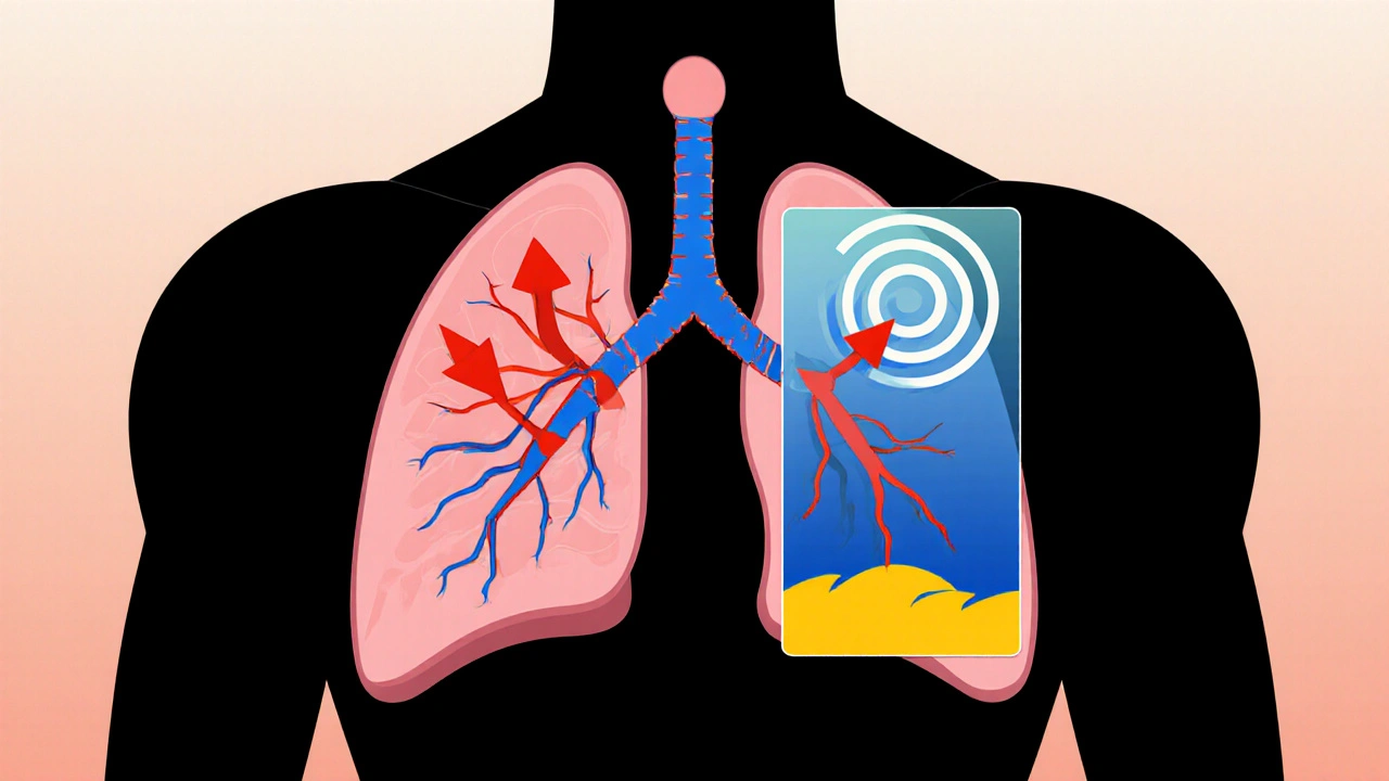 Poster showing lung risks: narrowed bronchi, pulmonary hypertension, and bilirubin wave.
