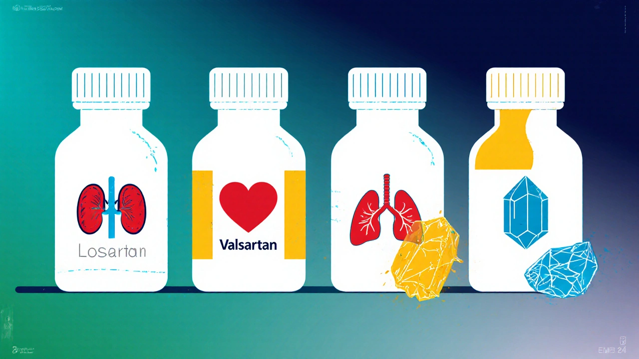 Row of four medication bottles with icons representing different drug classes.