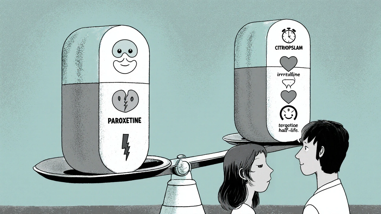 Scale balancing paroxetine pill with side‑effect icons and doctor-patient discussion scene.