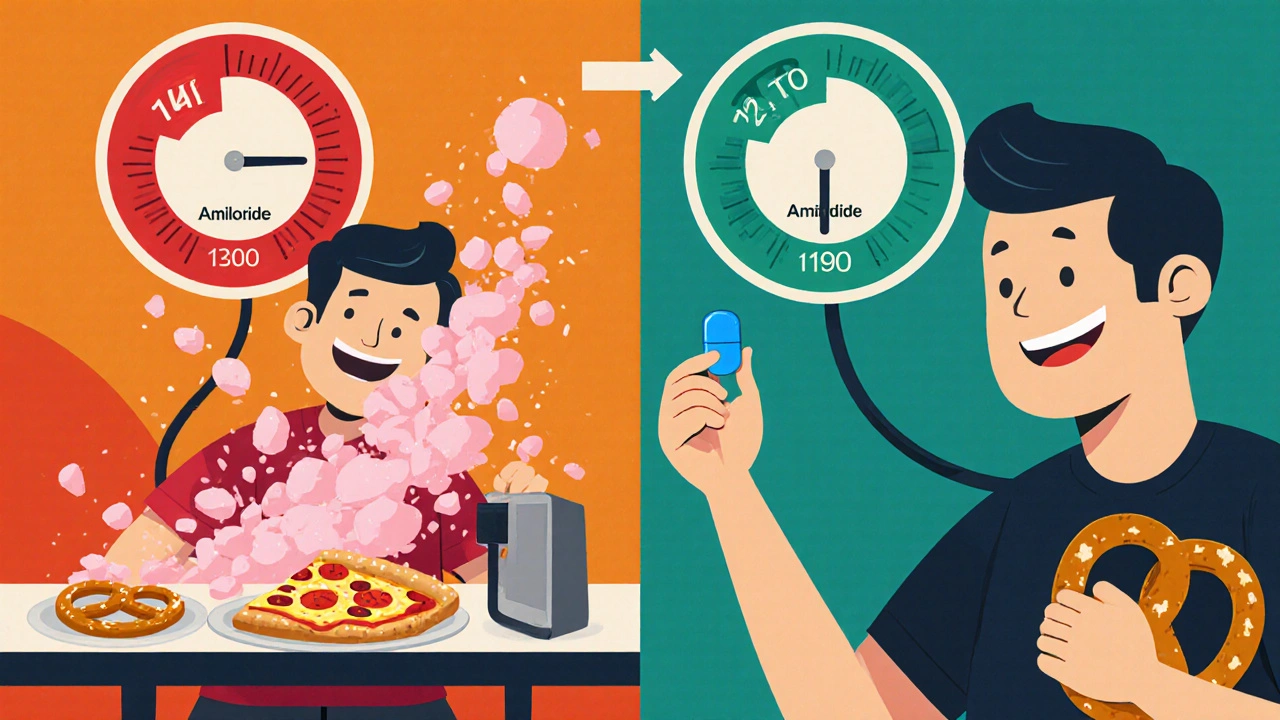Split illustration: person eating salty food with a high blood‑pressure dial, contrasted with same person taking Amiloride and stable pressure.