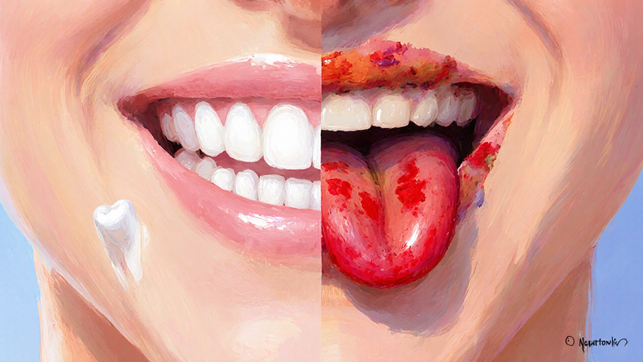 Split view of healthy mouth versus mouth with white patch, red lesion, ulcer, and swollen node.