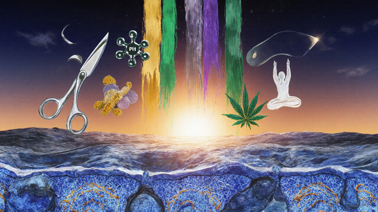 Sunrise illustration merging surgical, immunotherapy, radiation symbols with turmeric, cannabis, and yoga ribbons.