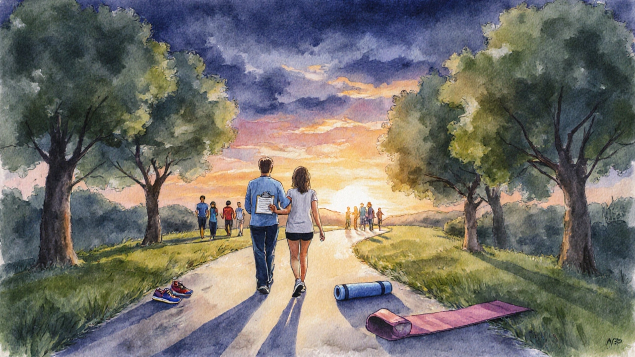 Sunrise path with adult, therapist, group, and hints of exercise and yoga.