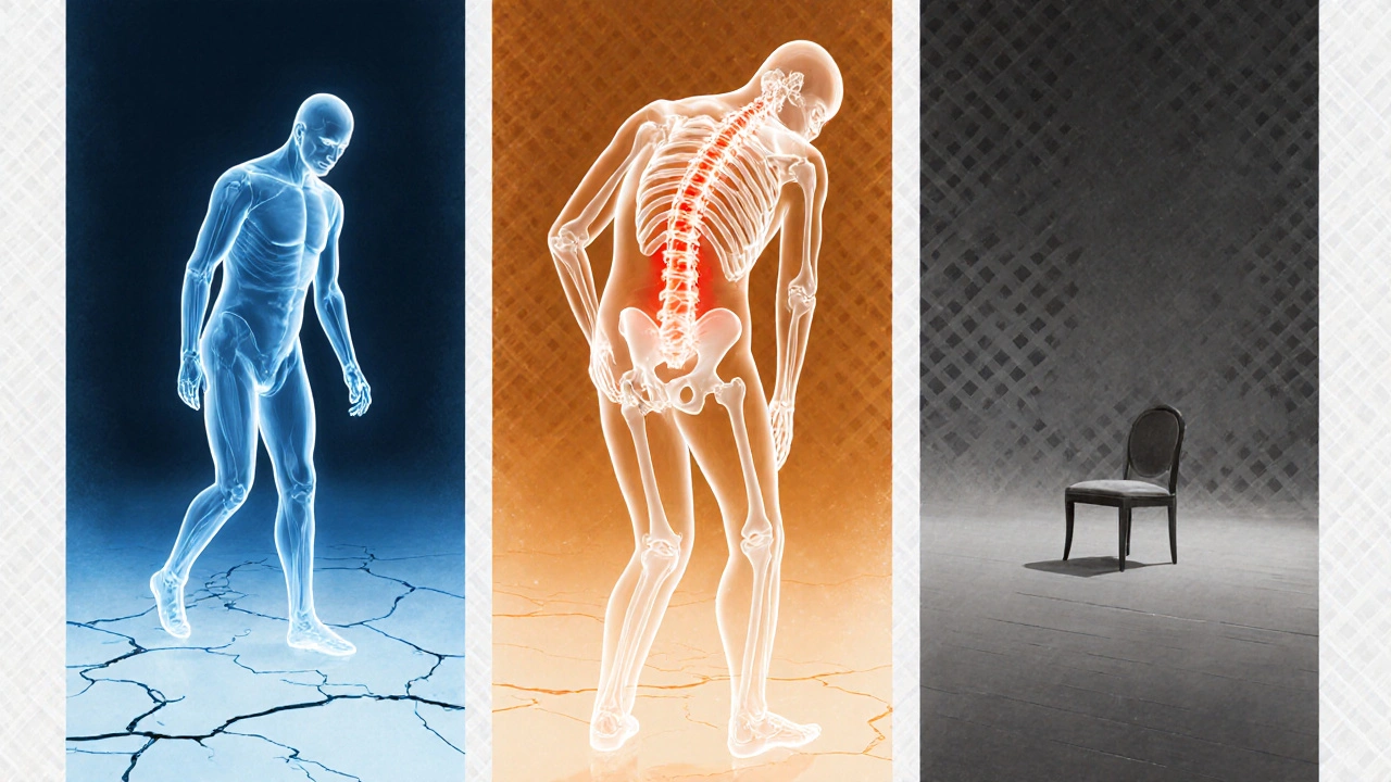 Three-panel illustration showing fear of fracture, back pain, and social isolation.