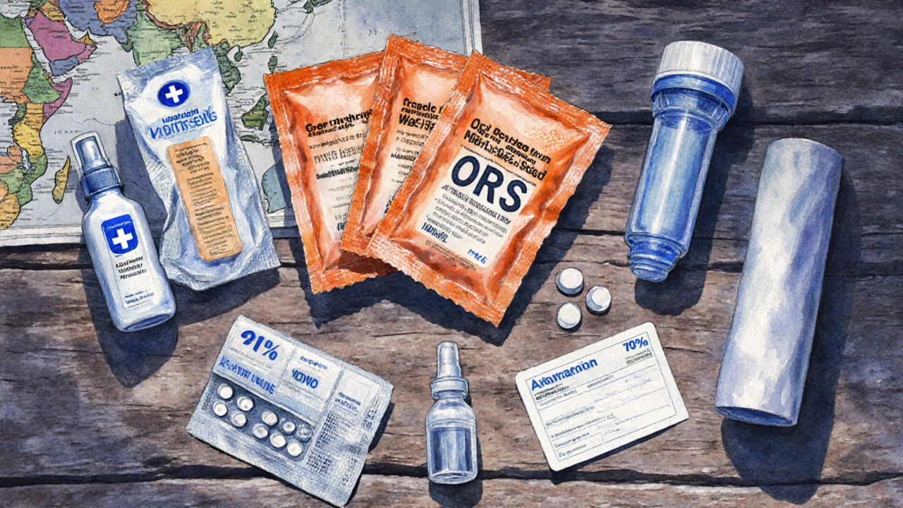 Travel health kit laid out with ORS, antibiotics, filter, and sanitizer.