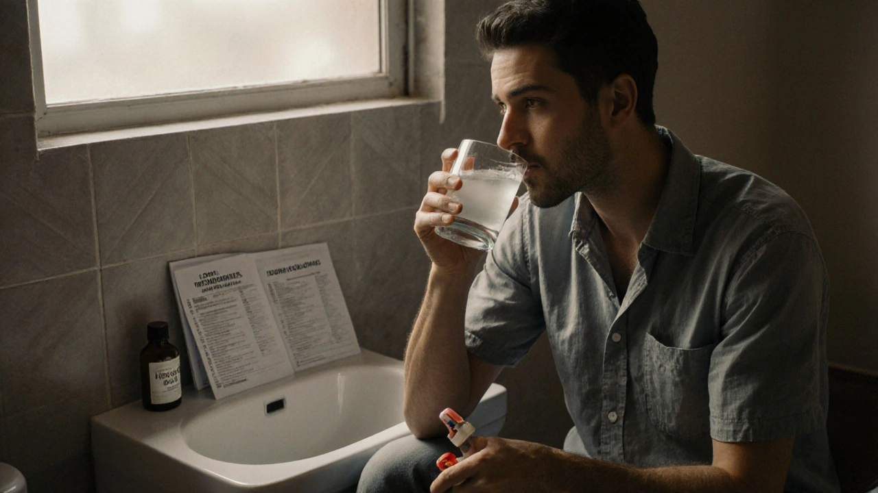 Traveler drinking rehydration solution in hotel bathroom, looking relieved.