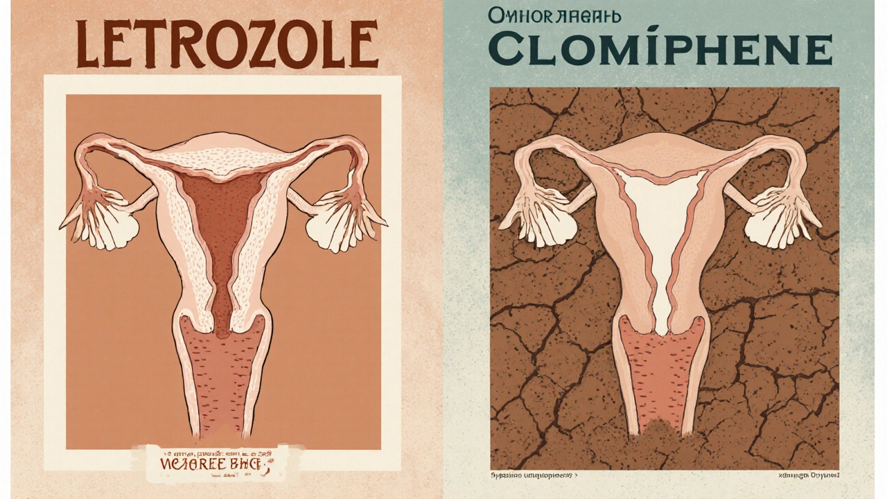 Two women side by side: one with healthy ovulation, the other with thin lining and dry mucus, shown in medical chart style.