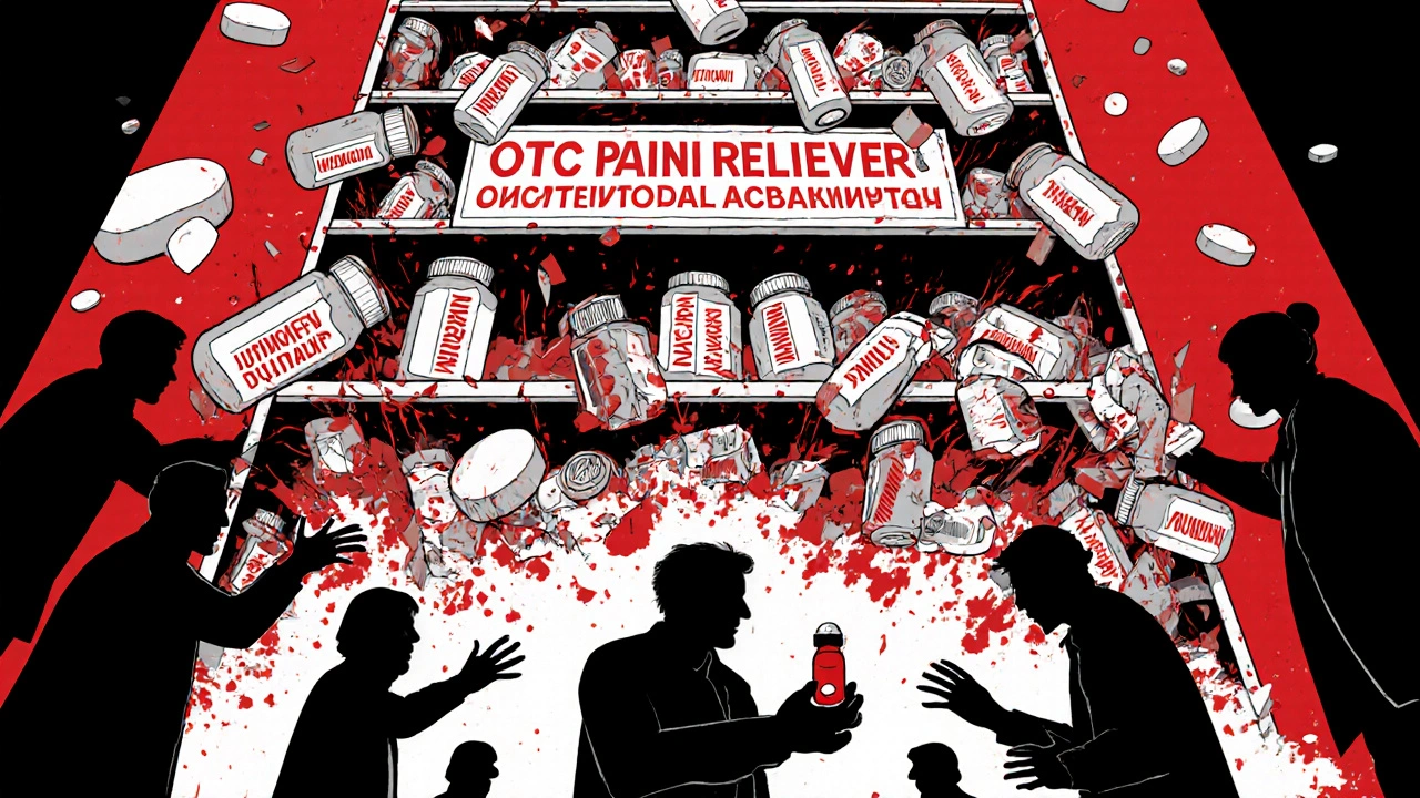 A collapsing pharmacy shelf of NSAID pills spilling blood, while a patient holds acetaminophen as a lifeline.