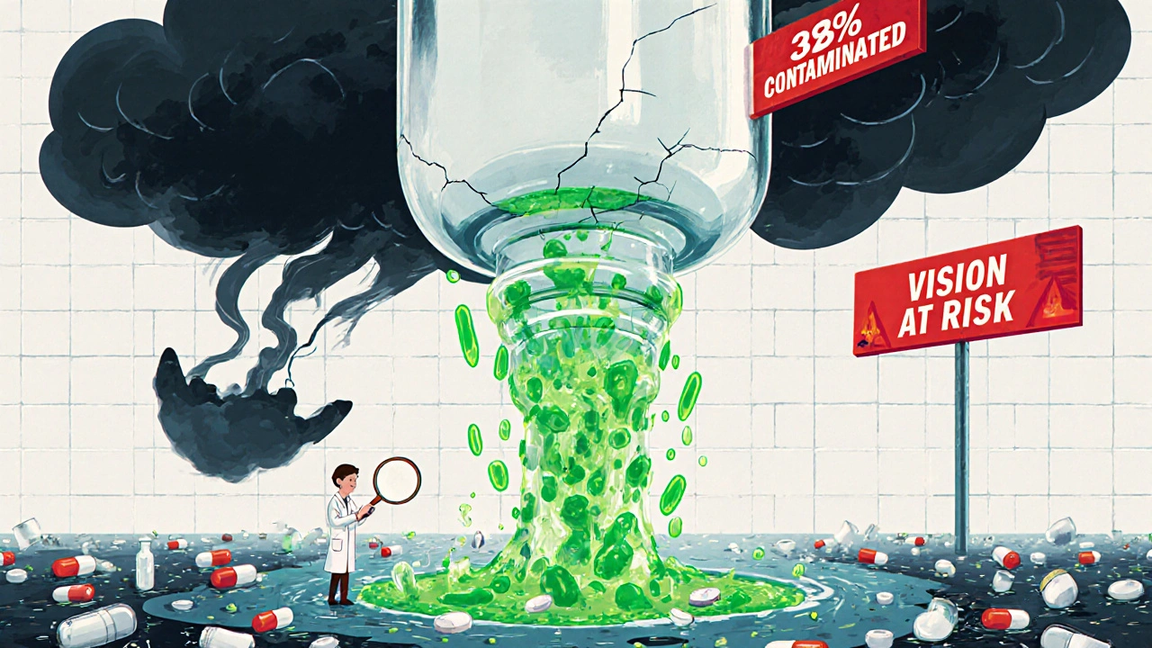 A giant cracked eye drop bottle leaks bacterial shapes, while a tiny figure examines the contamination under a magnifying glass.