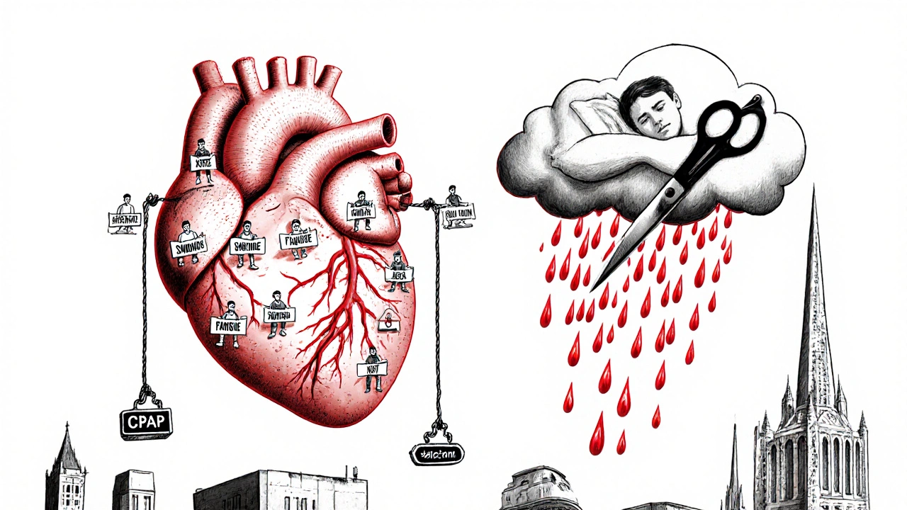 A giant heart monument surrounded by patients with signs of sleep apnea symptoms, being cut by CPAP and weight loss ropes.