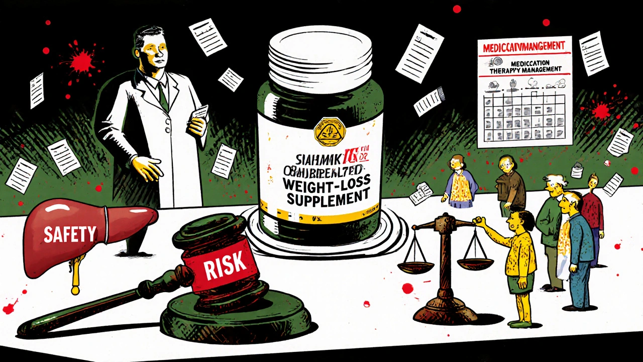 A giant herbal supplement on trial surrounded by sick patients, judged by a liver-shaped gavel in graphic poster style.