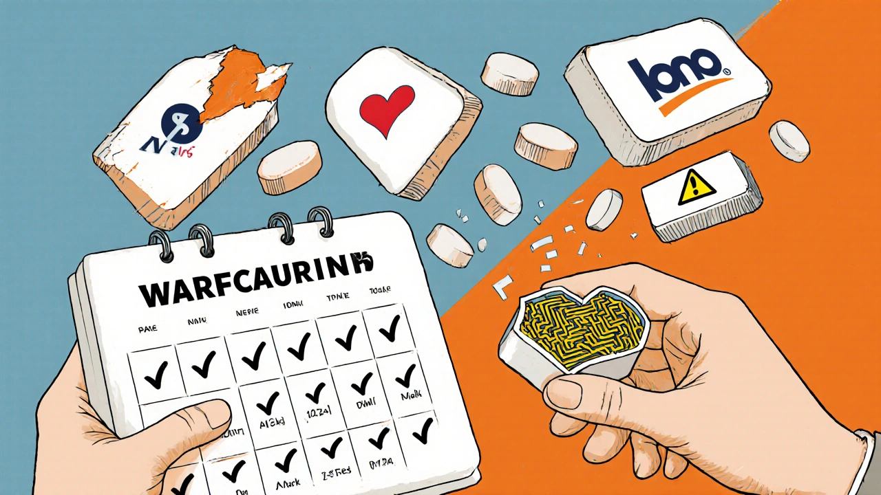 A hand marks daily INR checks, each turning into heart or warning icons, with branded warfarin tablets floating above.