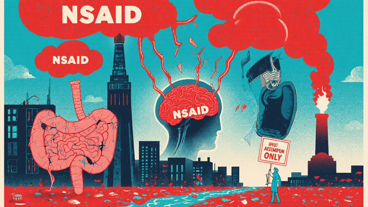 A human body as a city under siege by NSAID storm clouds, with blood vessels flooding and acetaminophen as the only safe light.