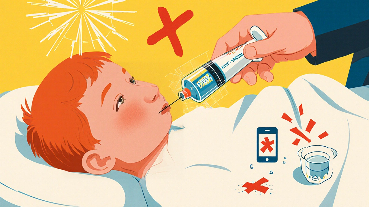 A parent giving medicine to a sleeping child with a glowing syringe, digital dose confirmation visible above.