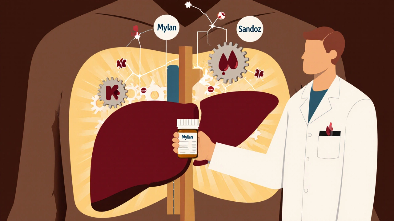 A pharmacist gives warfarin as a glowing liver with jammed gears shows clot and bleed risks from different brands.