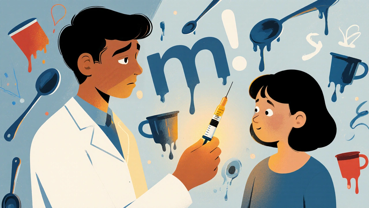 A pharmacist handing a milliliter-marked syringe to a parent, while household spoons fade into shadow.