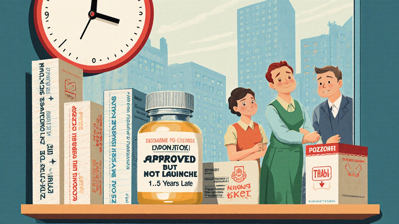 A pharmacy shelf holds one approved but unavailable generic pill among many brand-name drugs.