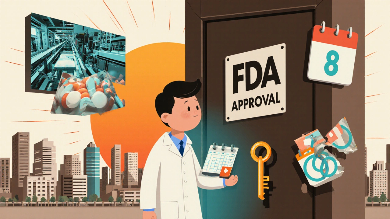 A small manufacturer holding a tablet like a key before a massive FDA door, with floating scenes of modern manufacturing and an 8-month timeline.